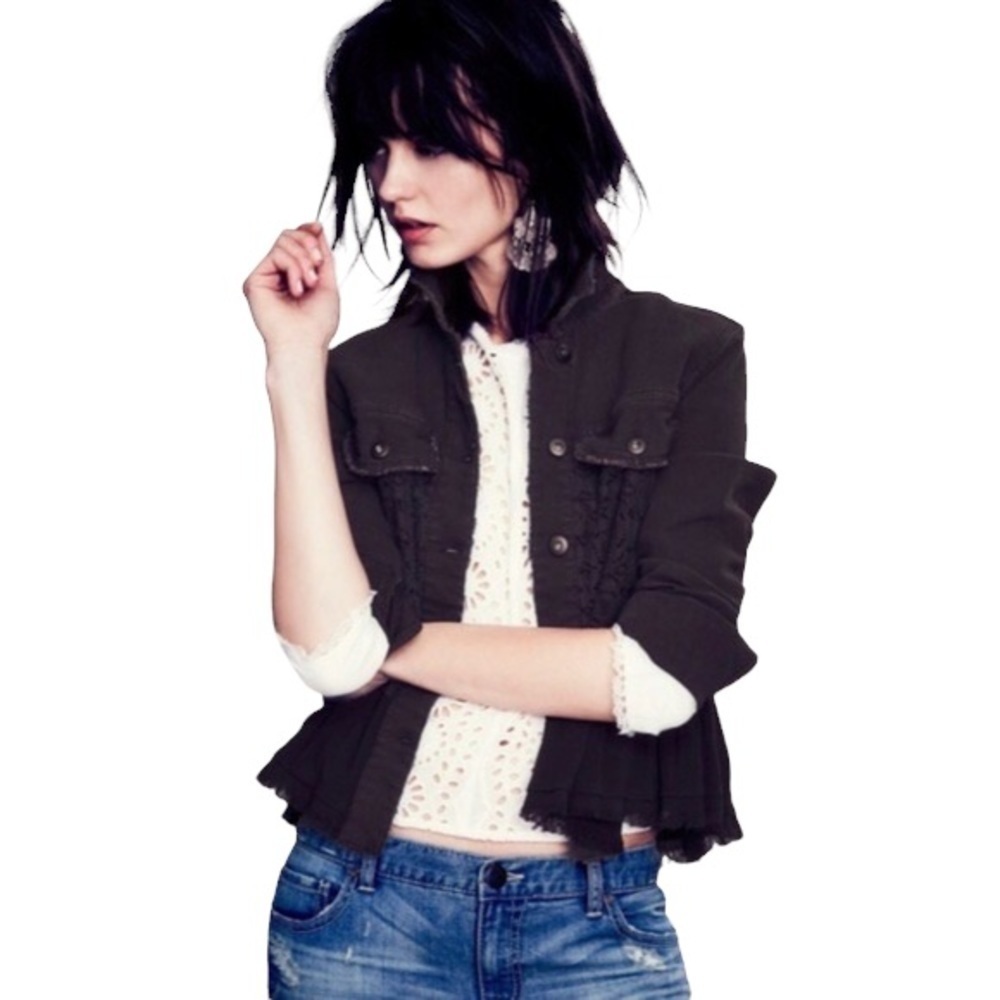 Free People New With Tags Denim lace Ruffle Jean Denim Jacket  Size Medium